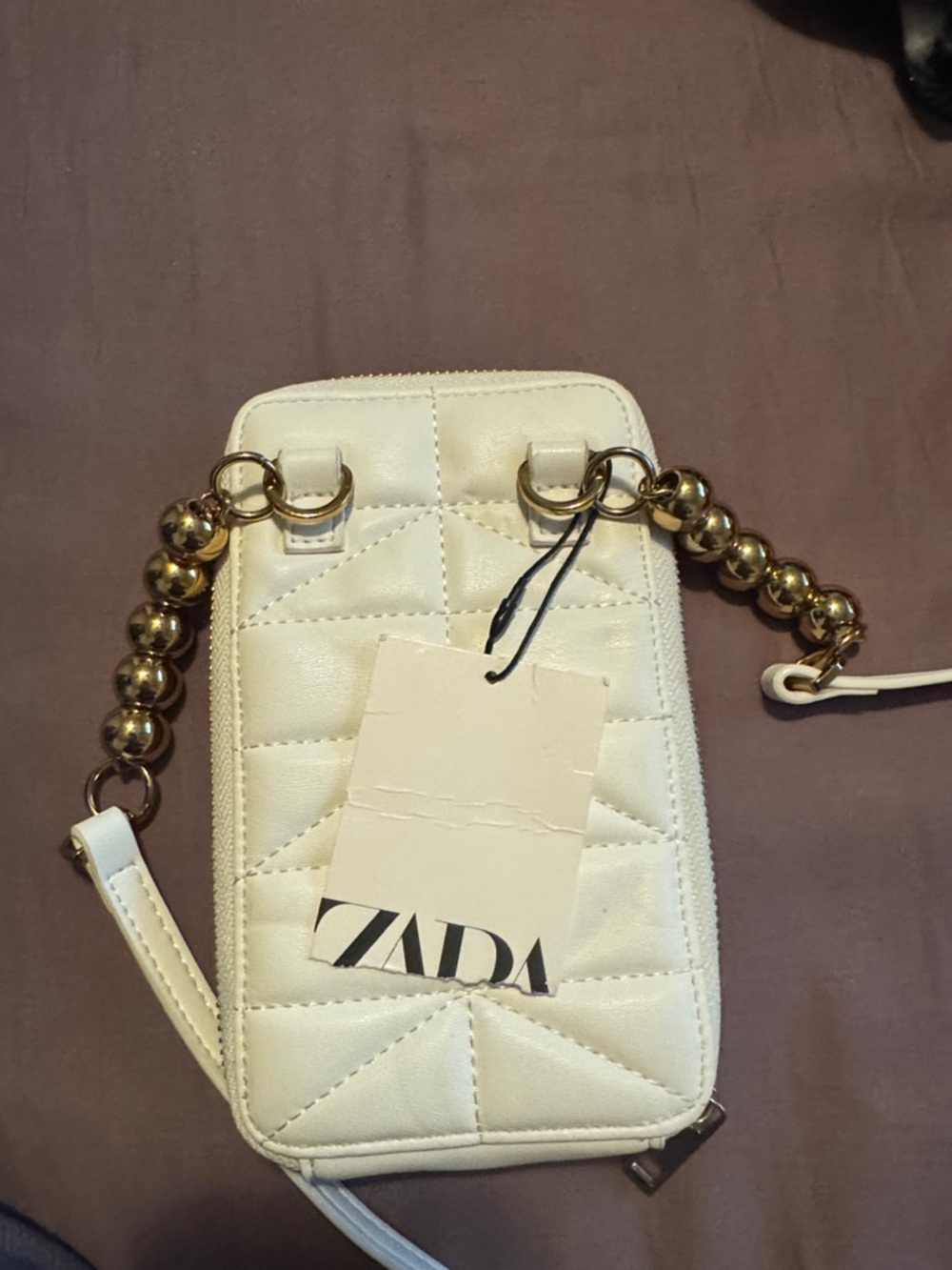 ZARA Cream Quilted Crossbody Phone Bag with Gold Bead Strap